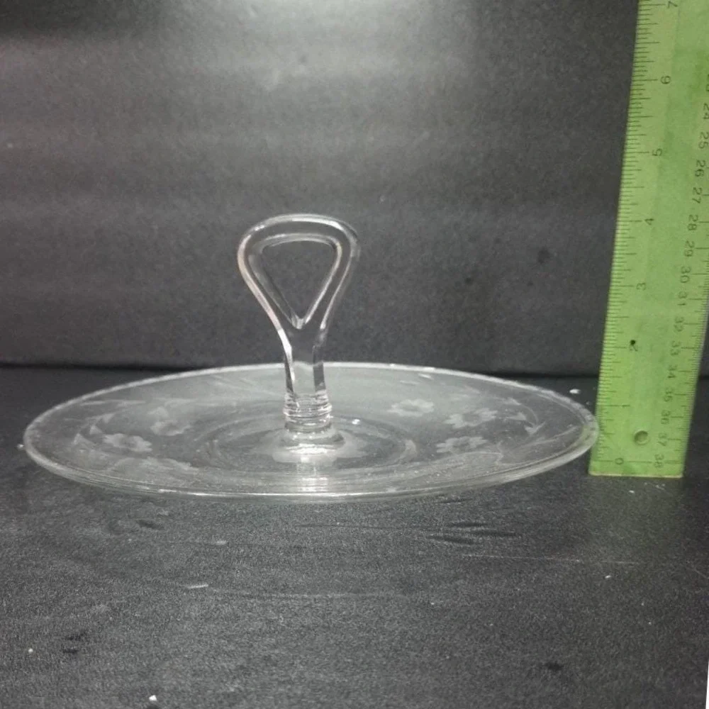 Etched Floral Tidbit Tray, Vintage Center Handle Sandwich Plate, Clear Glassware